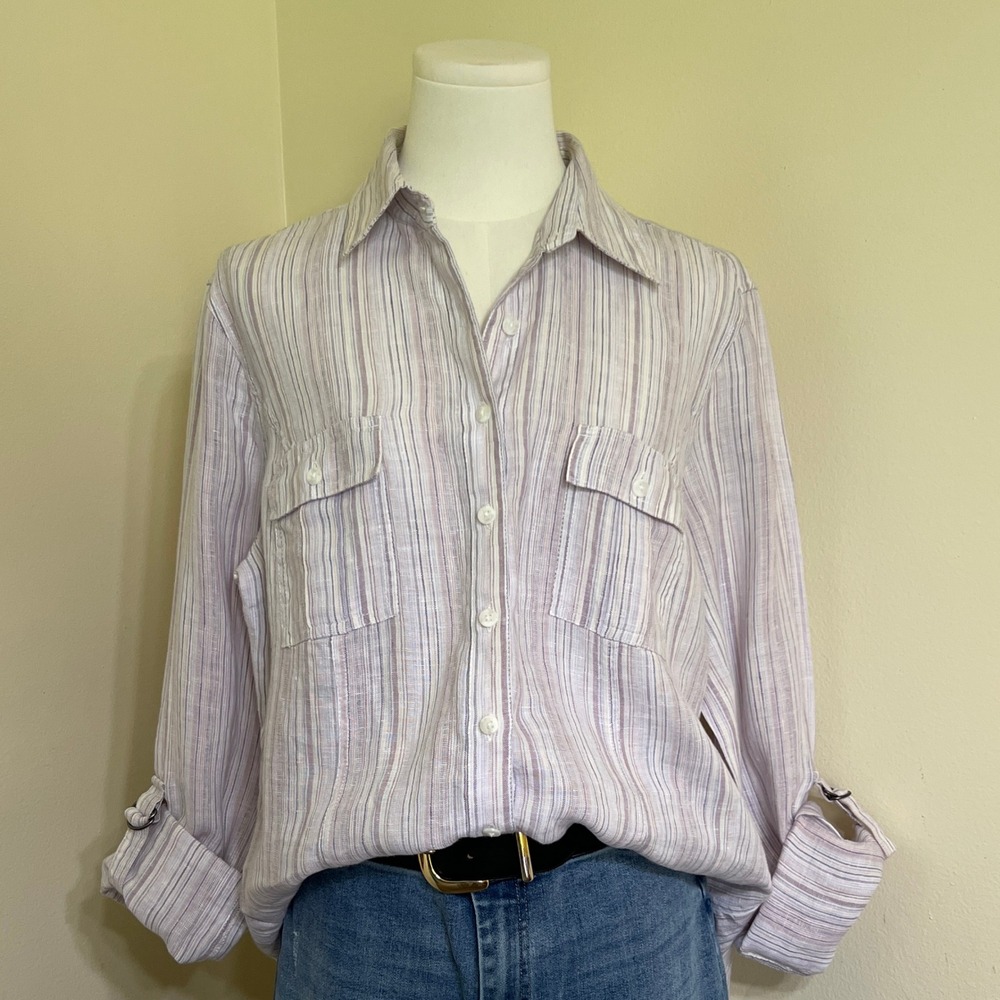 Coldwater Creek Womens 100% Linen Striped Button Down Shirt Purple Blue White M